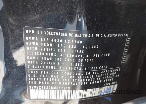 2024 Volkswagen Taos 1.5T Se from USA, damaged, VIN 3VVVX7B22RM057319